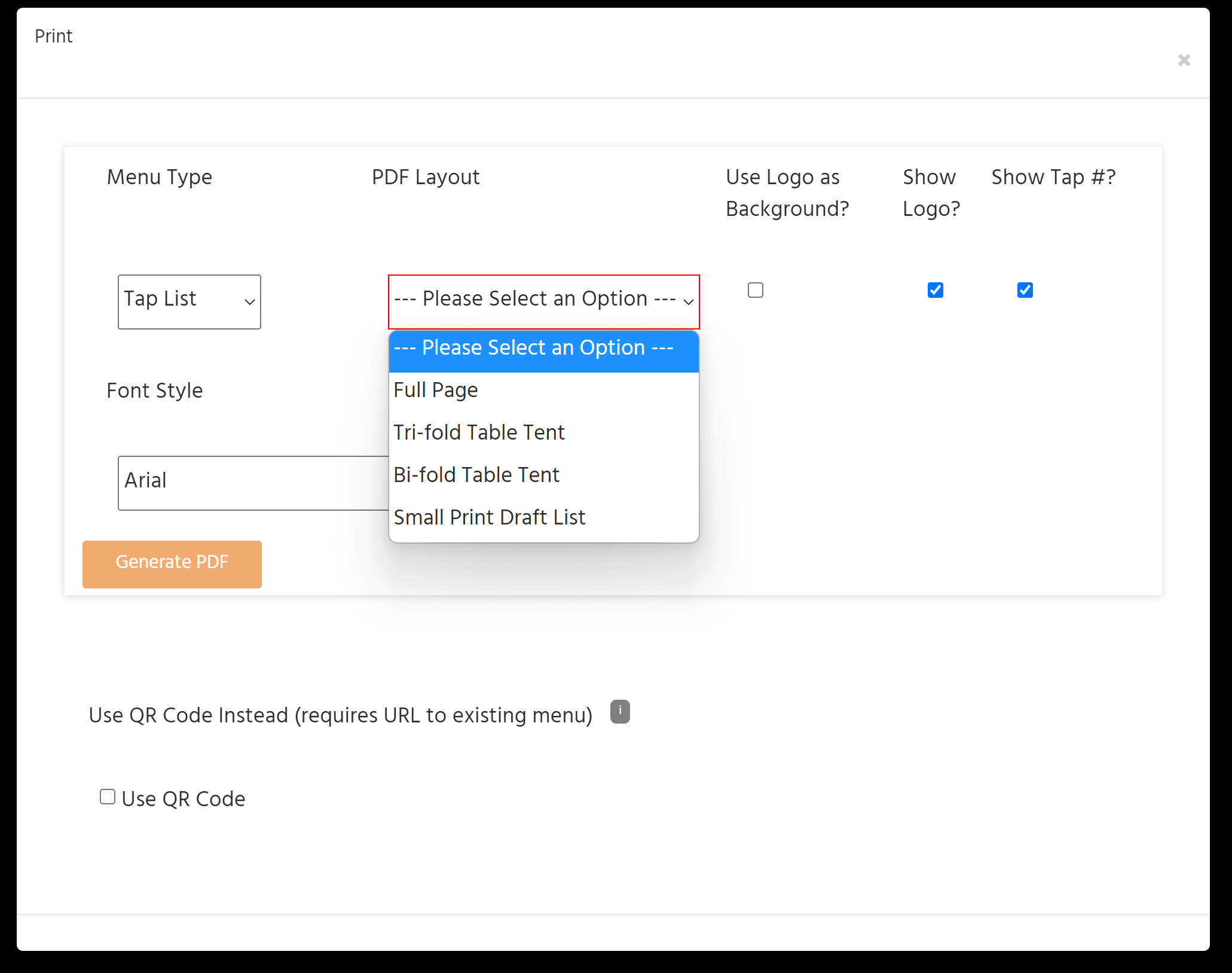 Screenshot of DraughtPick Partner Print Page